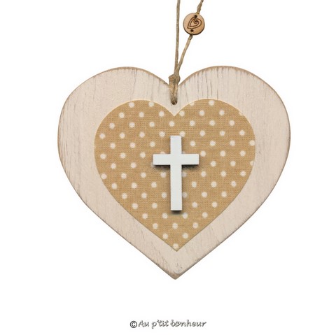 coeur bois blanc vieilli avec croix